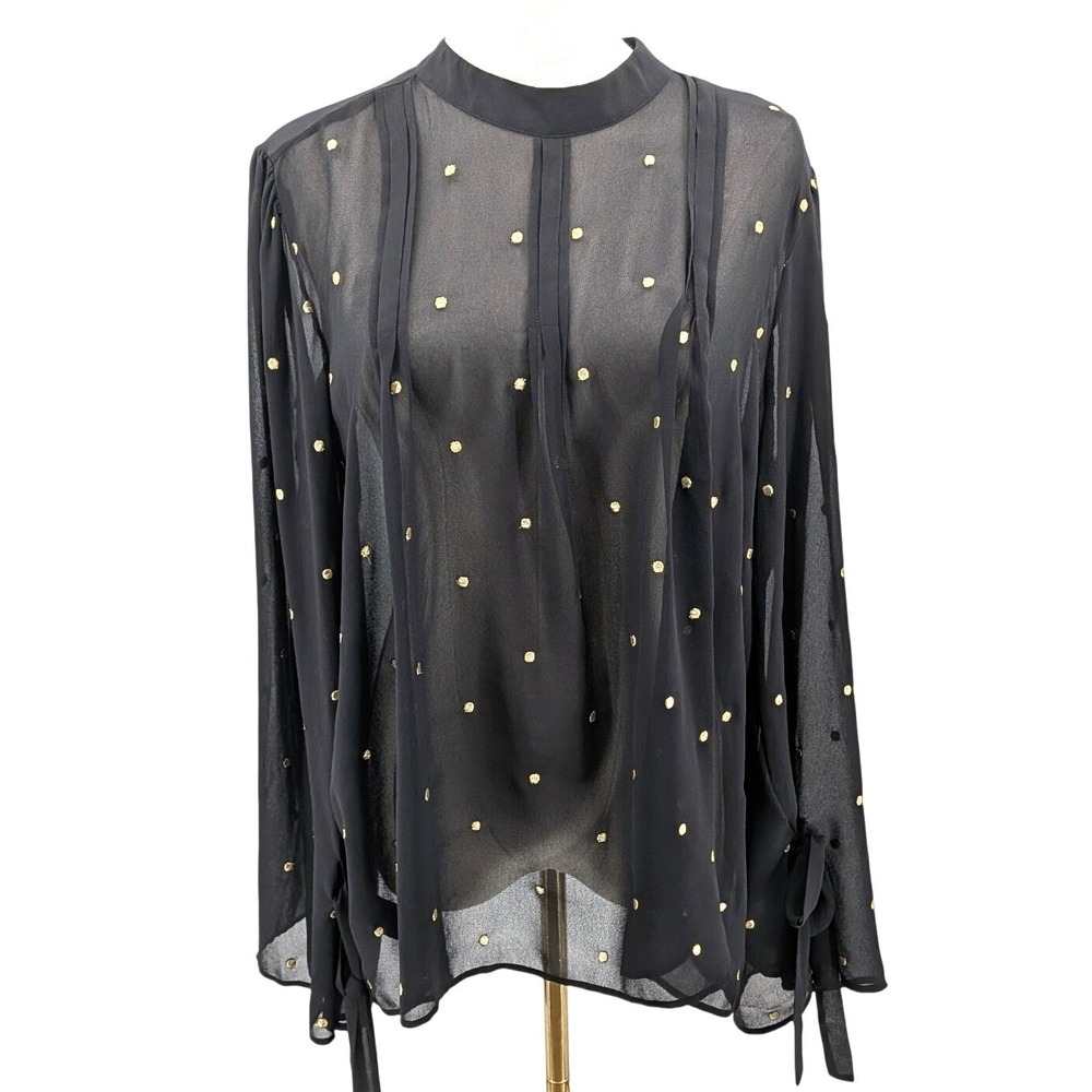 Ann Taylor Black Sheer Blouse Gold Embroidered Dot Bow Sleeve Womens Top